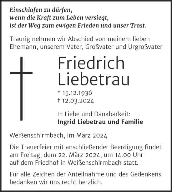 Traueranzeige von Friedrich Liebetrau von Mitteldeutsche Zeitung Merseburg/Querfurt