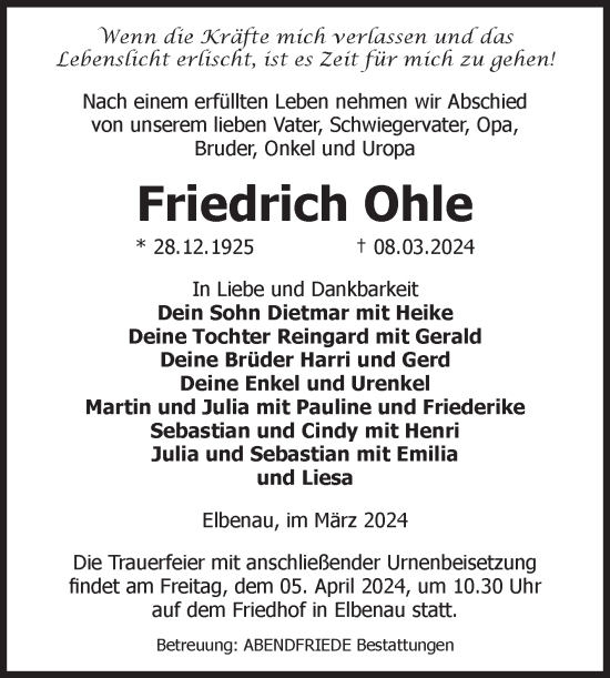 Traueranzeige von Friedrich Ohle von Volksstimme Schönebeck