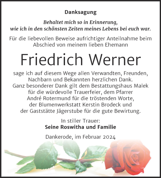 Traueranzeige von Friedrich Werner von Super Sonntag Quedlingburg