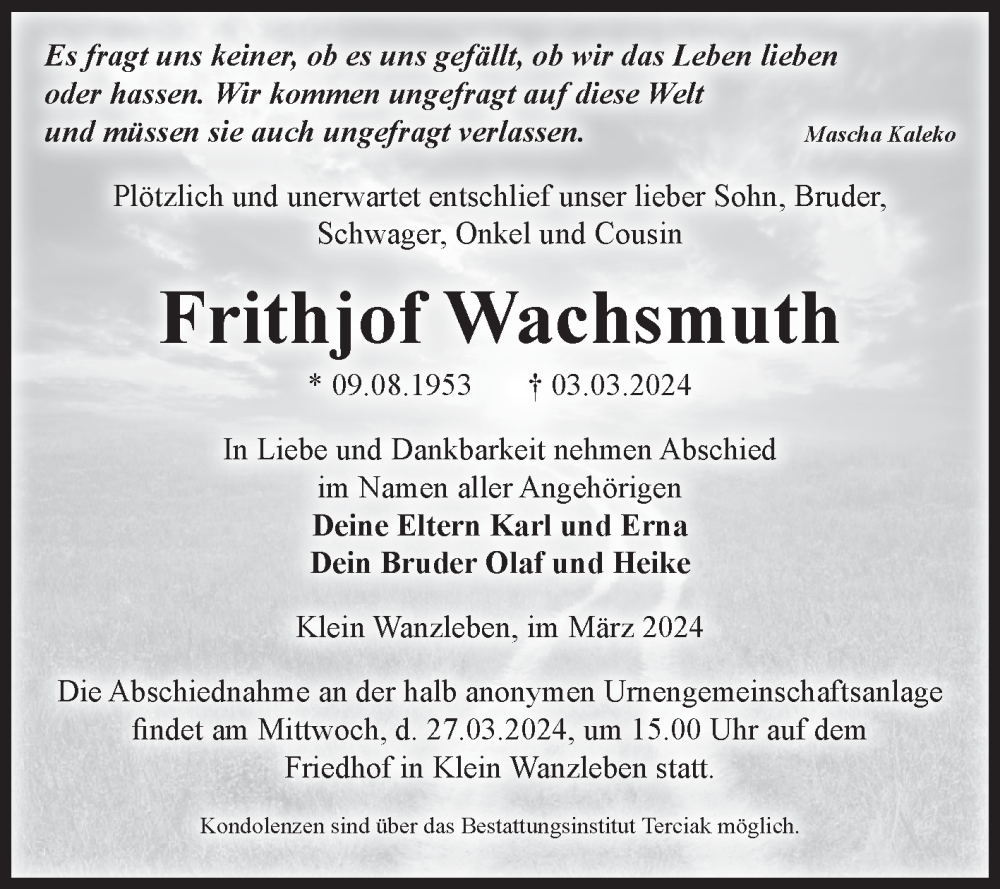  Traueranzeige für Frithjof Wachsmuth vom 23.03.2024 aus Volksstimme Oschersleben/Wanzleben