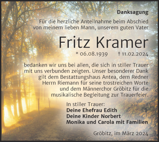 Traueranzeige von Fritz Kramer von Trauerkombi Weißenfels