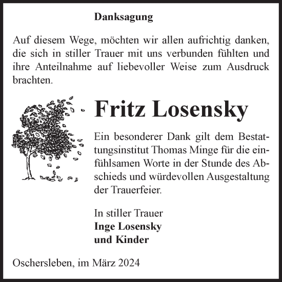Traueranzeige von Fritz Losensky von Volksstimme Oschersleben/Wanzleben