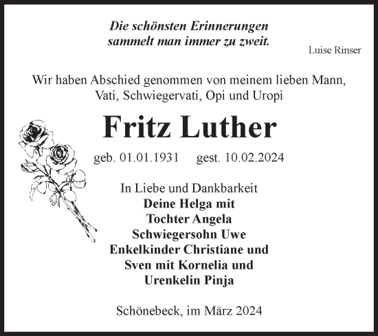 Traueranzeige von Fritz Luther von Volksstimme Schönebeck