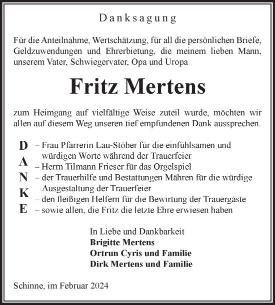 Traueranzeige von Fritz Mertens von Volksstimme Altmark Ost