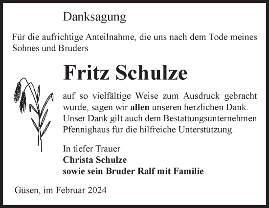 Traueranzeige von Fritz Schulze von Volksstimme Burg/Genthin