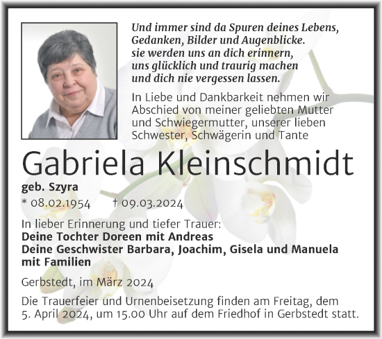 Traueranzeige von Gabriela Kleinschmidt von Trauerkombi Mansfelder Land
