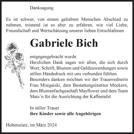 Traueranzeige von Gabriele Bich von Volksstimme Burg/Genthin