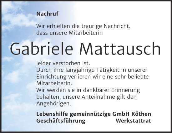 Traueranzeige von Gabriele Mattausch von Super Sonntag Köthen