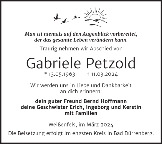 Traueranzeige von Gabriele Petzold von Trauerkombi Weißenfels