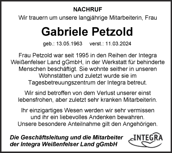 Traueranzeige von Gabriele Petzold von Mitteldeutsche Zeitung Weißenfels