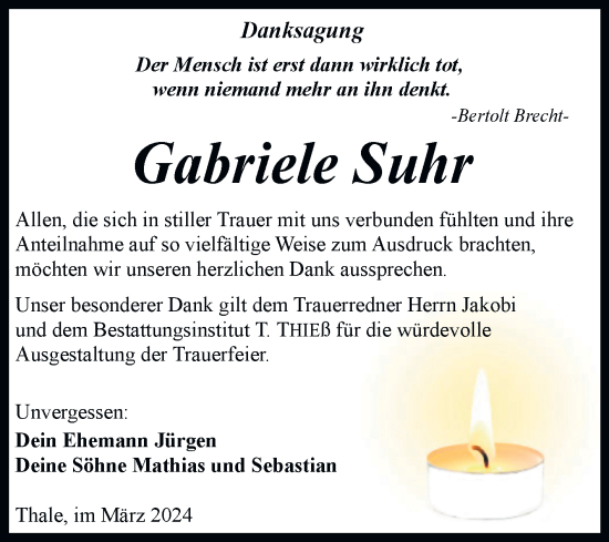 Traueranzeige von Gabriele Suhr von Trauerkombi Quedlinburg