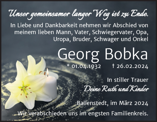 Traueranzeige von Georg Bobka von Trauerkombi Quedlinburg