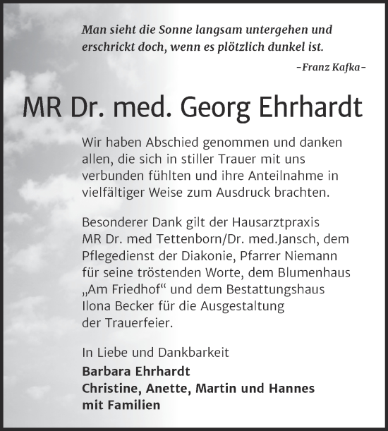 Traueranzeige von Georg Ehrhardt von Trauerkombi Sangerhausen