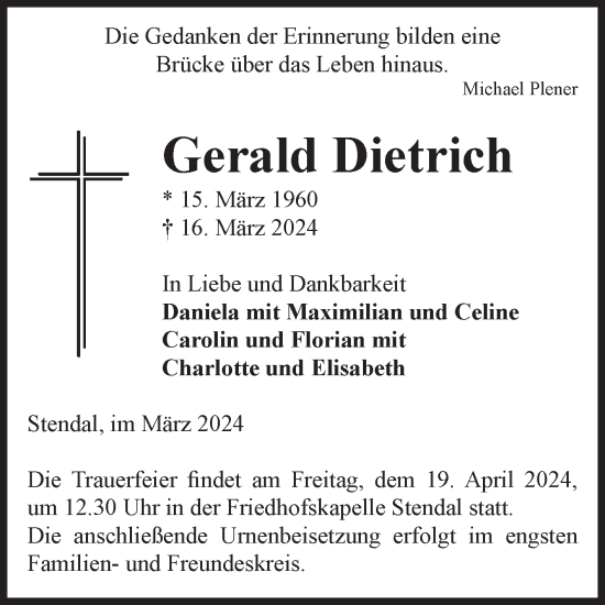 Traueranzeige von Gerald Dietrich von Volksstimme Altmark Ost