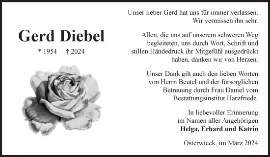Traueranzeige von Gerd Diebel von Volksstimme Halberstadt