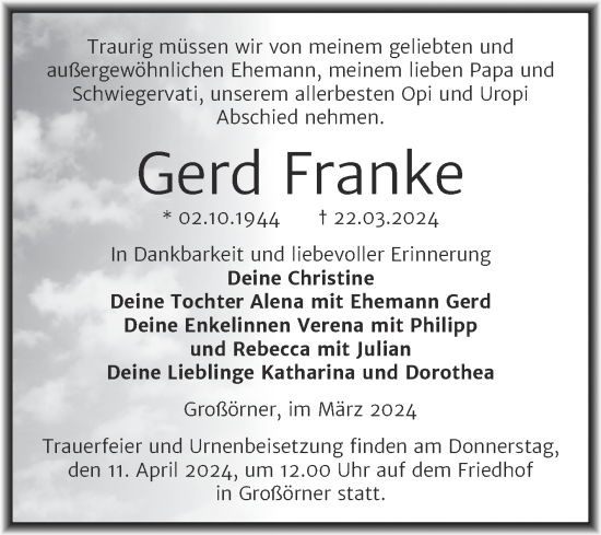 Traueranzeige von Gerd Franke von Trauerkombi Mansfelder Land