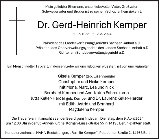 Traueranzeige von Gerd-Heinrich Kemper von Volksstimme Magdeburg