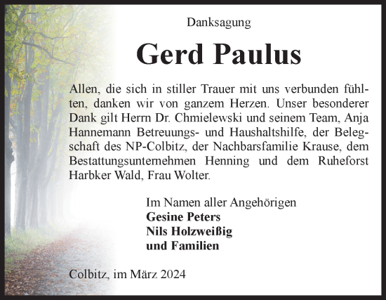 Traueranzeige von Gerd Paulus von Volksstimme Haldensleben/Wolmirstedt