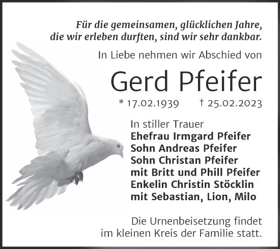 Traueranzeige von Gerd Pfeifer von Trauerkombi Merseburg