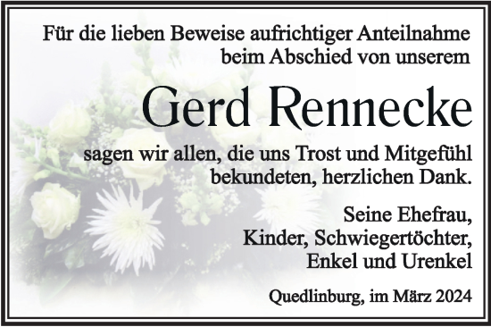 Traueranzeige von Gerd Rennecke von Trauerkombi Quedlinburg