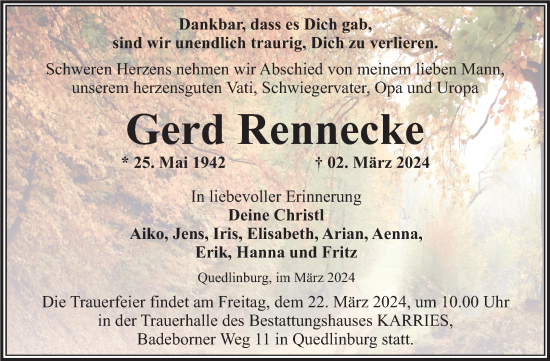 Traueranzeige von Gerd Rennecke von Trauerkombi Quedlinburg