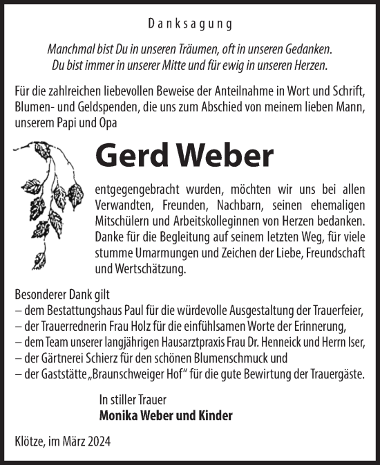 Traueranzeige von Gerd Weber von Volksstimme Altmark West