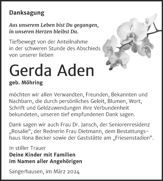 Traueranzeige von Gerda Aden von Trauerkombi Sangerhausen