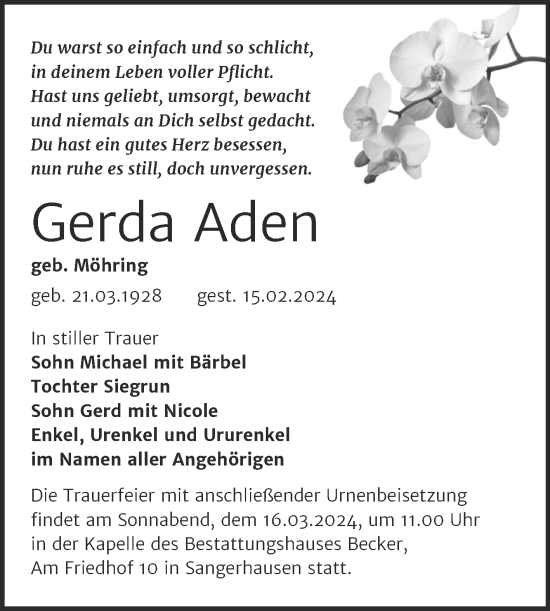 Traueranzeige von Gerda Aden von Trauerkombi Sangerhausen