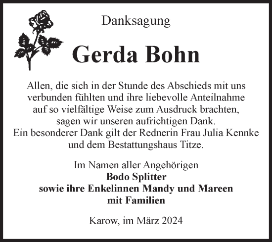 Traueranzeige von Gerda Bohn von Volksstimme Burg/Genthin