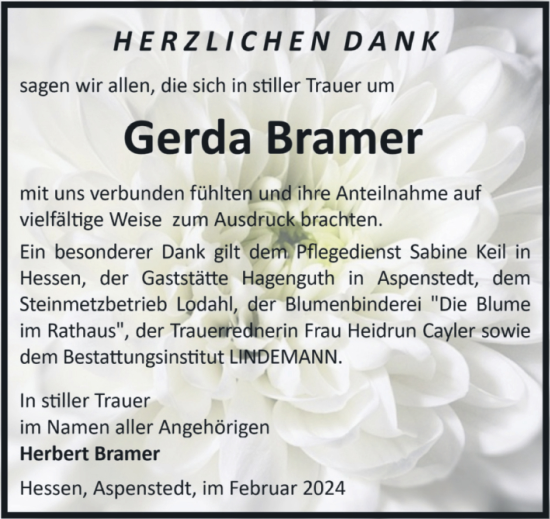 Traueranzeige von Gerda Bramer von Volksstimme Halberstadt