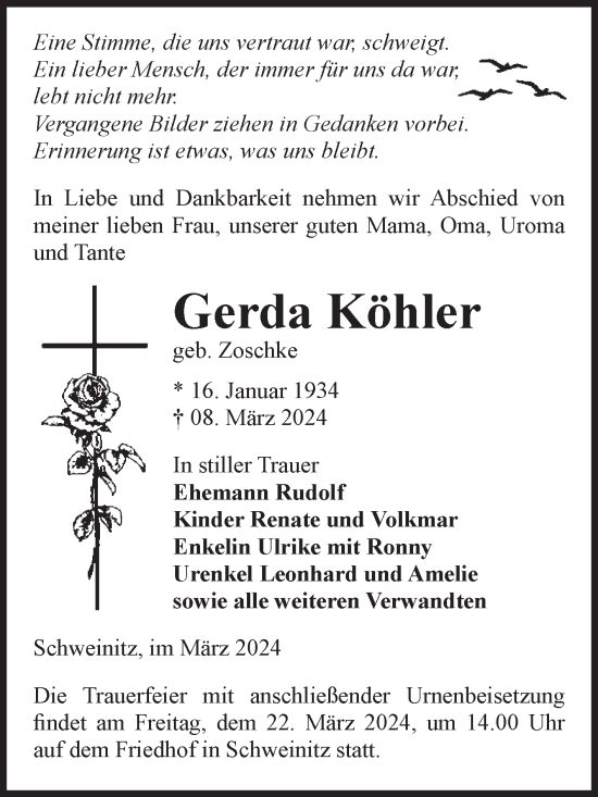Traueranzeige von Gerda Köhler von Volksstimme Zerbst