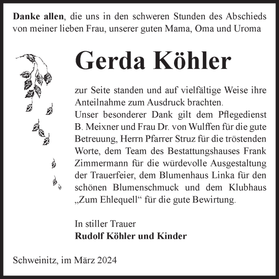 Traueranzeige von Gerda Köhler von Volksstimme Zerbst