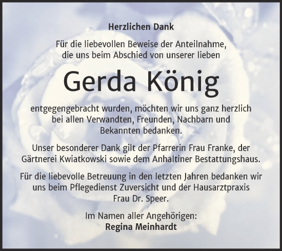 Traueranzeige von Gerda König von Trauerkombi Dessau