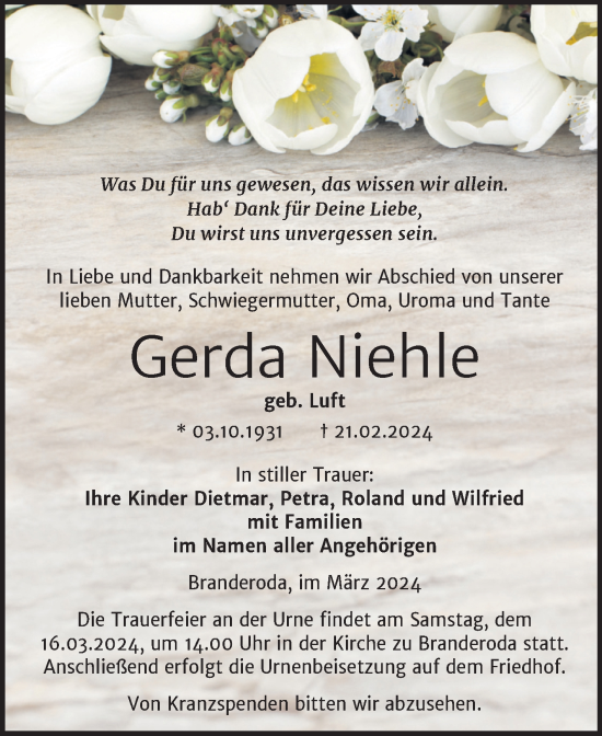 Traueranzeige von Gerda Niehle von Trauerkombi Merseburg