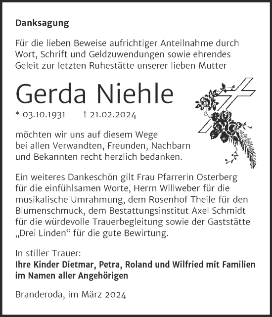 Traueranzeige von Gerda Niehle von Super Sonntag Naumburg/Nebra