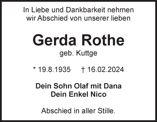 Traueranzeige von Gerda Rothe von Volksstimme Magdeburg