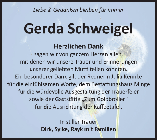 Traueranzeige von Gerda Schweigel von Volksstimme Burg/Genthin