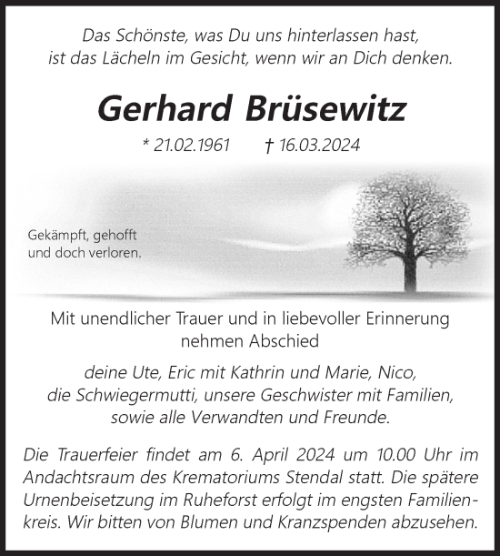 Traueranzeige von Gerhard Brüsewitz von Volksstimme Altmark Ost