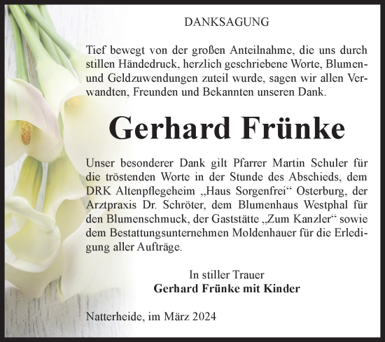 Traueranzeige von Gerhard Frünke von Volksstimme Altmark Ost