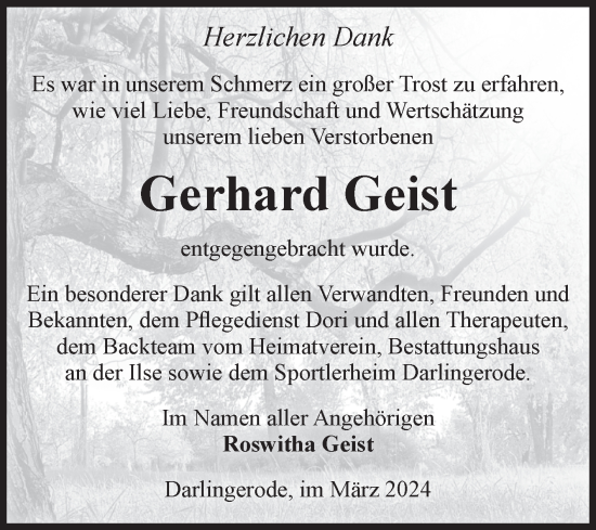 Traueranzeige von Gerhard Geist von Volksstimme Wernigerode