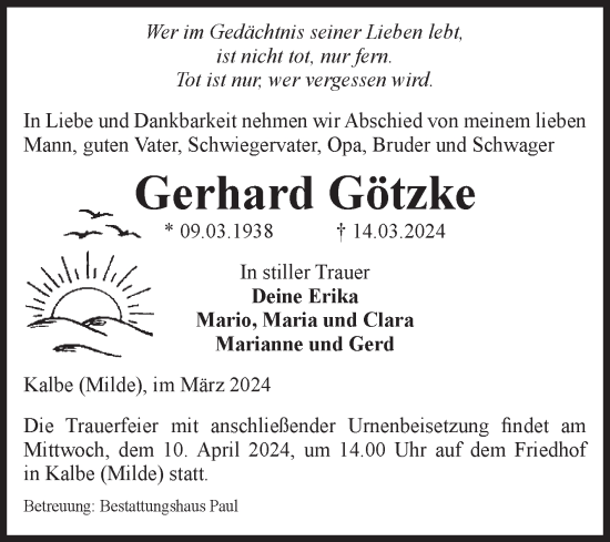 Traueranzeige von Gerhard Götzke von Volksstimme Altmark West