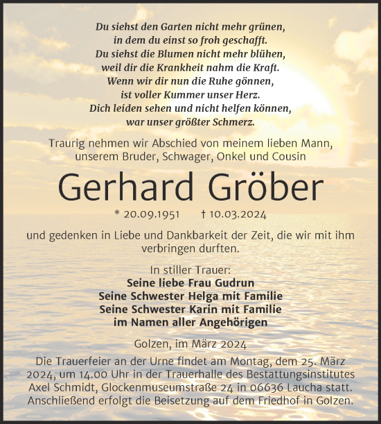 Traueranzeige von Gerhard Gröber von Super Sonntag Naumburg/Nebra