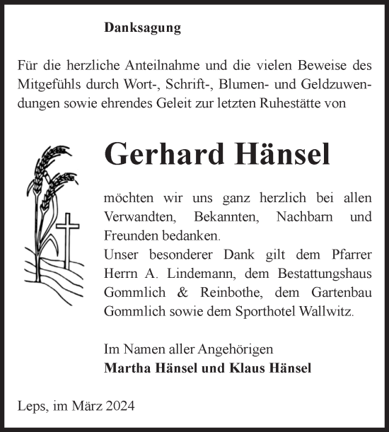 Traueranzeige von Gerhard Hänsel von Volksstimme Zerbst