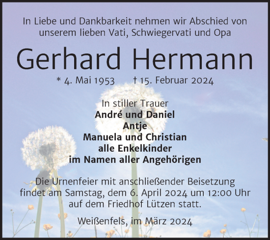 Traueranzeige von Gerhard Hermann von Trauerkombi Weißenfels