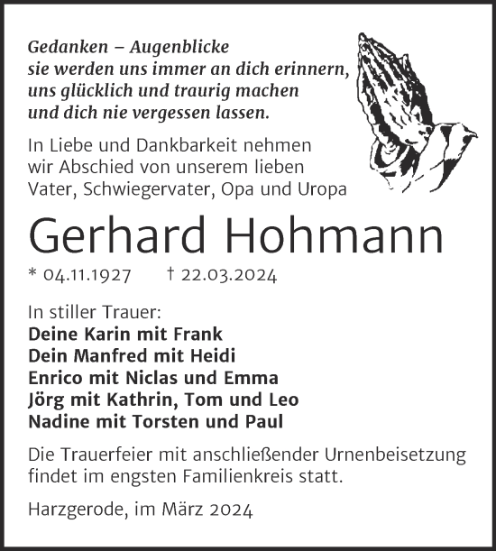 Traueranzeige von Gerhard Hohmann von Trauerkombi Quedlinburg