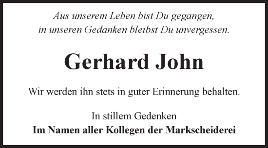 Traueranzeige von Gerhard John von Volksstimme Haldensleben/Wolmirstedt