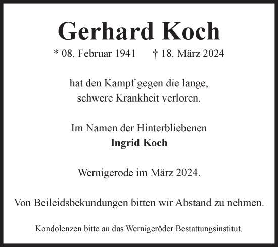 Traueranzeige von Gerhard Koch von Volksstimme Wernigerode