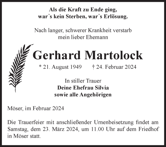 Traueranzeige von Gerhard Martolock von Volksstimme Burg/Genthin