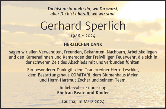 Traueranzeige von Gerhard Sperlich von Trauerkombi Weißenfels