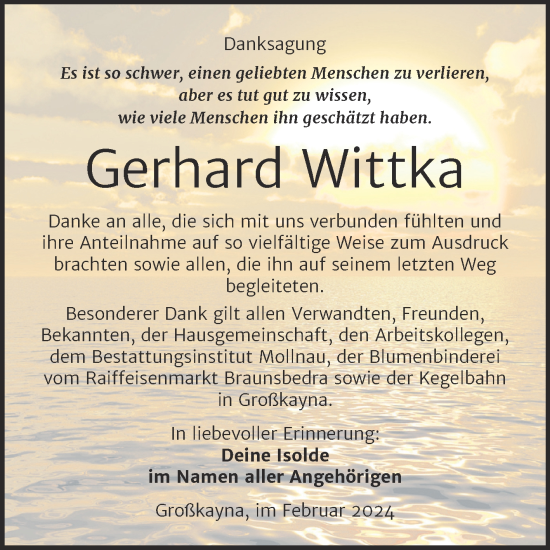 Traueranzeige von Gerhard Wittka von Trauerkombi Merseburg